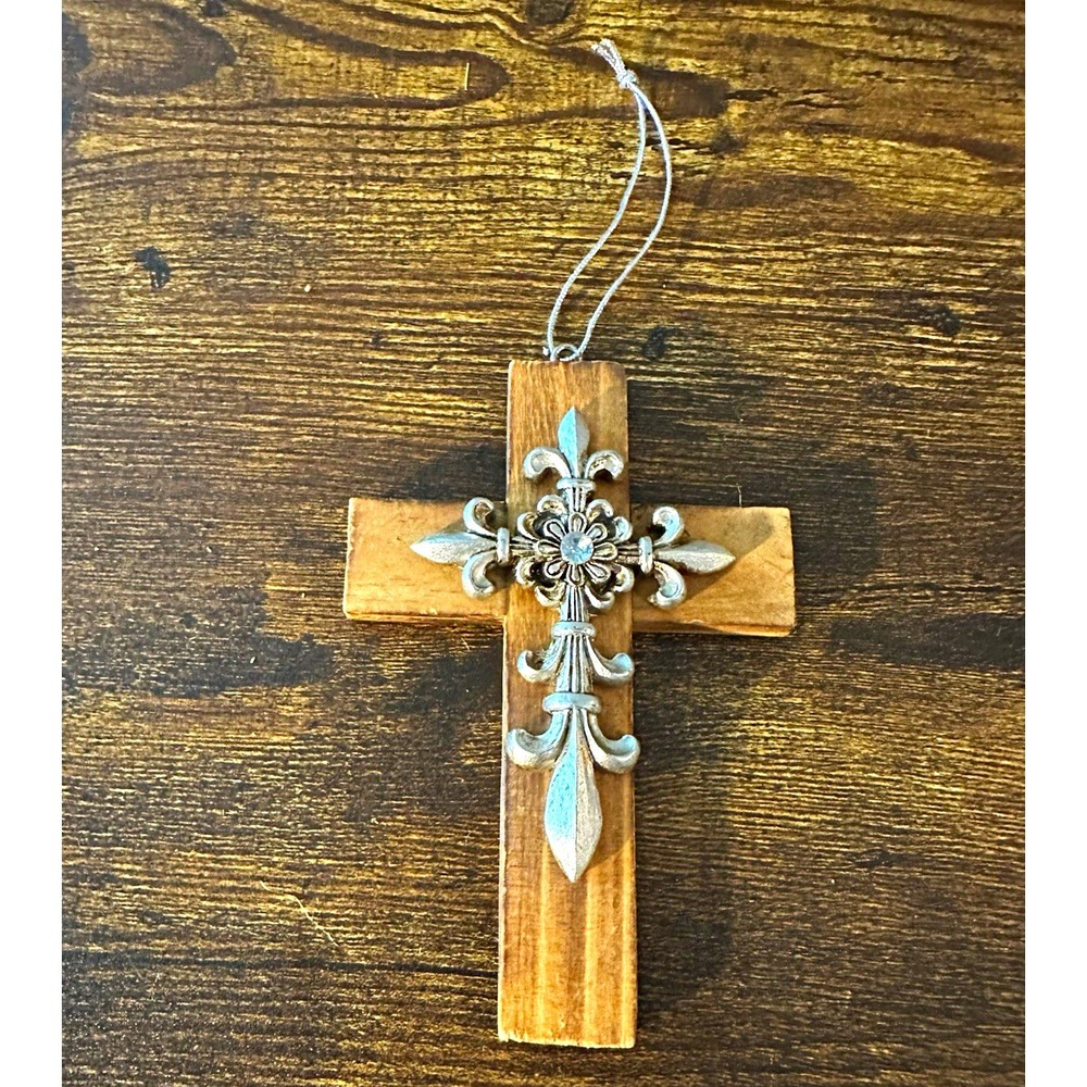 Rustic Wood Cross Ornament Silver Fleur De Lis Rhinestone Christian Decor 5"